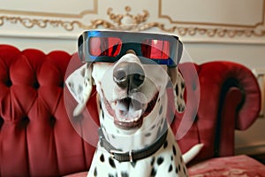 dalmatian with 3d glasses, reacting to an actionpacked movie photo