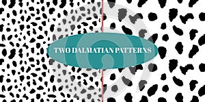 Dalmatian detailed spotted skin seamless pattern set. Dogs fur black and white spots pack. Animal vector print for