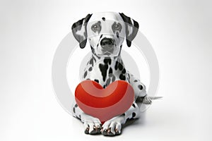 Dalmatian dog with big red Heart on solid white background. ai generative