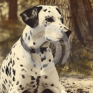 Dalmatian dog with distinctive black spots is lying down resting on wooden surface.