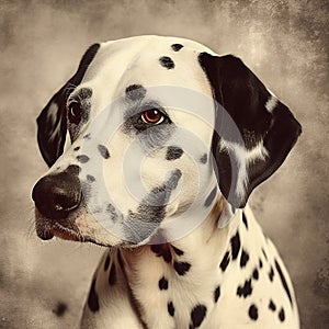 Dalmatian dog with distinctive black spots is lying down resting on wooden surface.