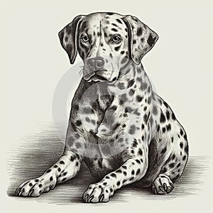 Dalmatian dog, engraving style, close-up portrait, black and white drawing, cute dog,