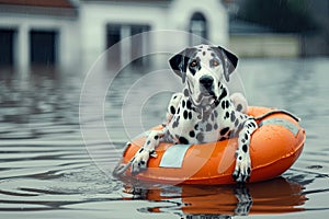 Dalmatian dog floats on orange life preserver in water for recreation in lake