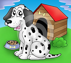 Dalmatian dog in front of kennel