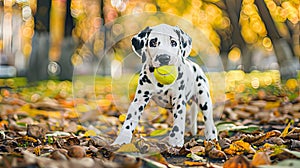 Dalmatian dog holding tennis ball in mouth on grass