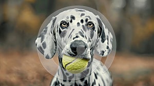 Dalmatian dog holding tennis ball in mouth on grass