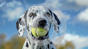 Dalmatian dog holding tennis ball in mouth on grass