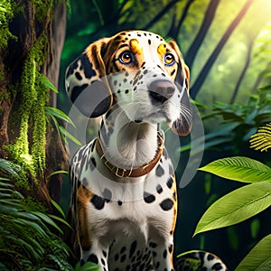 Dalmatian dog in the jungle. 3d rendering. AI Generated