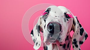 Dalmatian dog with long pink eyelashes on pink background