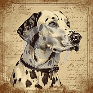 Dalmatian dog, old vintage retro postcard style, close-up portrait, cute pet