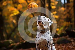 Dalmatian dog playing with ball in the woods. Generative AI