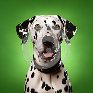 Dalmatian dog portrait on green background. Studio shot.