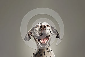 dalmatian dog portrait over grey background.