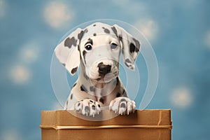 Dalmatian dog puppy in gift box on blue background