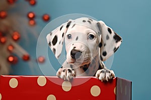 Dalmatian dog puppy in gift box with dots on blue background