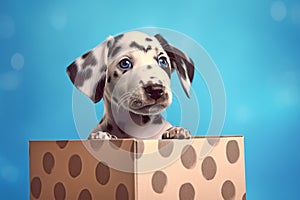 Dalmatian dog puppy inside gift box