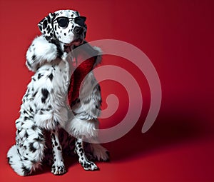 Dalmatian dog puppy in luxury wealthy fancy chic luxurious impeccable fur leather fabrics outfits isolated on bright background