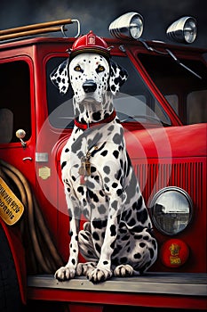 Dalmatian dog sitting in front of red fire truck with fireman's hat on. Generative AI