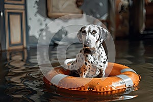 Dalmatian dog sitting on life preserver in flooded room, surrounded by water