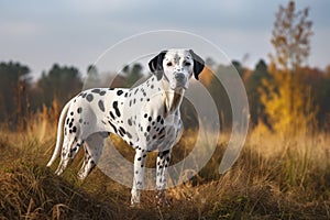 Dalmatian dog standing in the autumn field. Selective focus. AI Generated