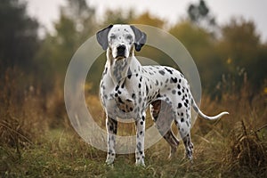 Dalmatian dog standing in autumn field. Selective focus. AI Generated