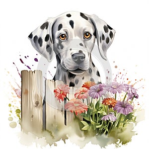 A dalmatian dog standing behind a fence surrounded with flowers