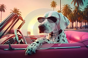 Dalmatian dog on a sunset background in pastel colors, summer photo of a dog in glasses driving on a background of palm trees.