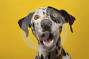 Dalmatian dog with surprised expression on yellow background.