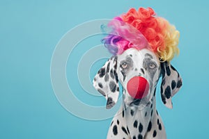 a dalmatian dog wearing a colorful wig and clown's nose