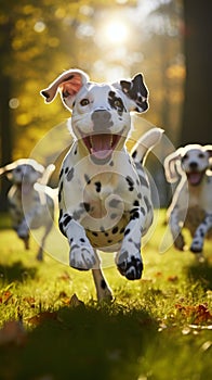 Dalmatian dogs frolic and play on green grass in the park