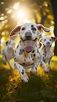 Dalmatian dogs frolic and play on green grass in the park