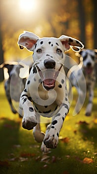 Dalmatian dogs frolic and play on green grass in the park