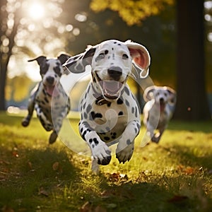 Dalmatian dogs frolic and play on green grass in the park