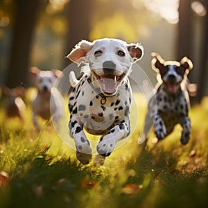 Dalmatian dogs frolic and play on green grass in the park