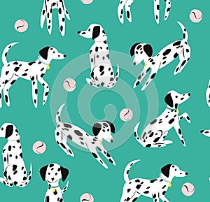 Dalmatian dogs play with ball seamless  pattern.