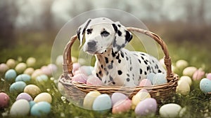 Dalmatian with eggs A charming Dalmatian puppy surrounded by a basket of freshly painted Easter eggs, with soft pastel