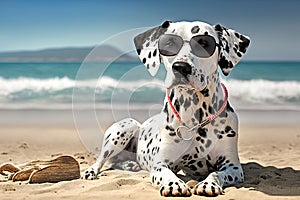 a dalmatian in glasses is resting on the seashore. travel and tourism concept