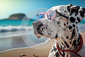 a dalmatian in glasses is resting on the seashore. travel and tourism concept