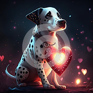 Dalmatian hugging heart Dalmatian dog with a red heart on a dark background Generative AI animal ai
