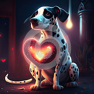 Dalmatian hugging heart Dalmatian dog with a red heart in the dark room AI Generated animal ai