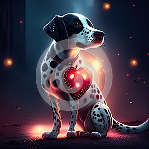 Dalmatian hugging heart Dalmatian dog with red heart in the dark room. Generative AI animal ai