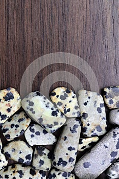 Dalmatian jasper heap stones texture on half brown varnished wood background. Place for text