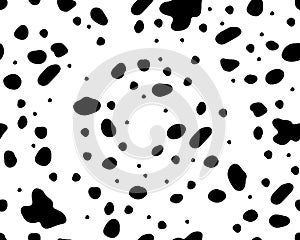 Dalmatian pattern seamless pattern. Black uneven spots animal print. Vector background.