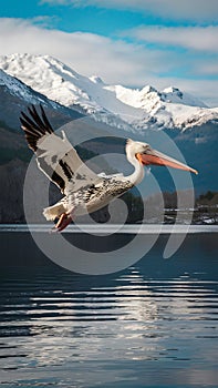 Dalmatian Pelican Flying Over Serene Lake with Snow Capped Mountains