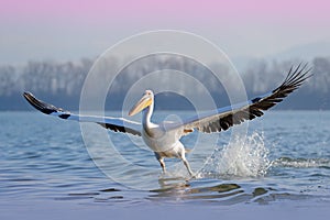 Dalmatian pelican, Pelecanus crispus, landing in Lake Kerkini, Greece. Pelican with open wings. Wildlife scene from European