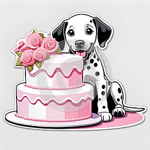 Dalmatian, pet birthday, with a pink cake, sticker