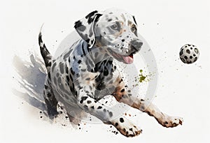 Dalmatian pet dog watercolour portrait painting of a canine purebred pedigree breed with black spots on a white fur body playing