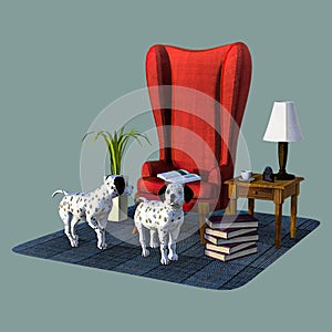 Dalmatian Puppies Red Chair Illustration