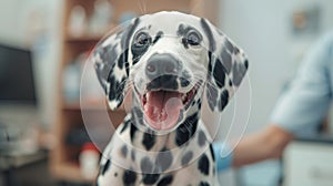 Dalmatian puppy dog in veterinary clinic. Regular medical checkup.