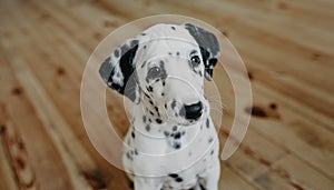 Dalmatian puppy sits on wooden floor in room